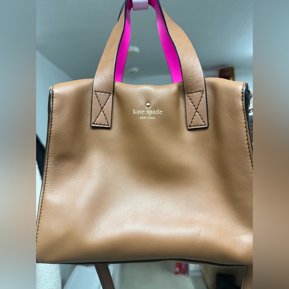 Kate Spade Cognac Brown and Pink Neon Leather Shoulder Bag